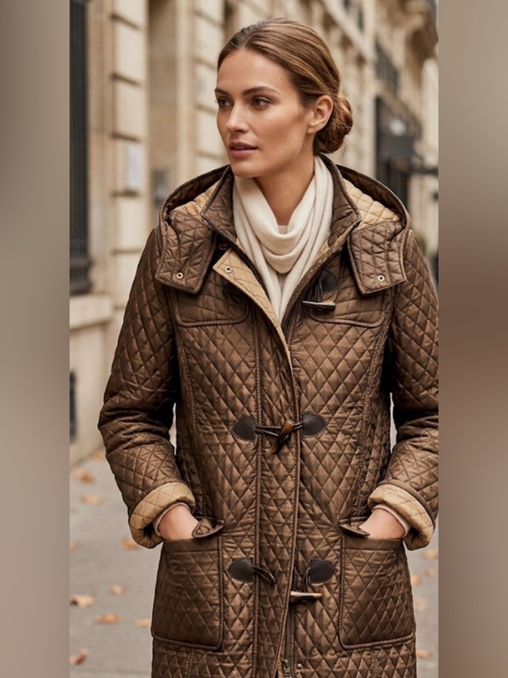 Jones New York Quilted Hooded Barn Coat Duffle Jacket Brown Bronze Lined⭐️